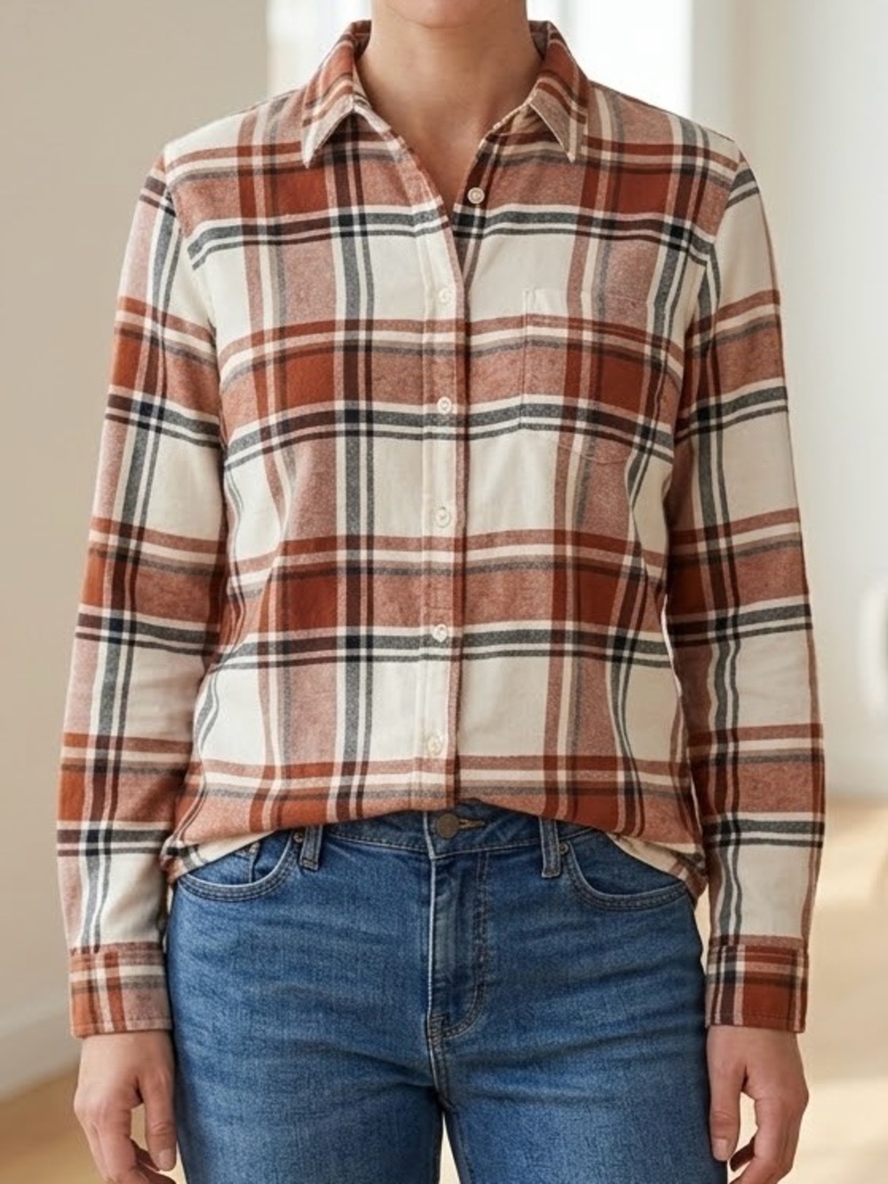 Weatherproof Vintage Cotton Blend Button-Down Collar Flannel Shirt Pocket M EUC